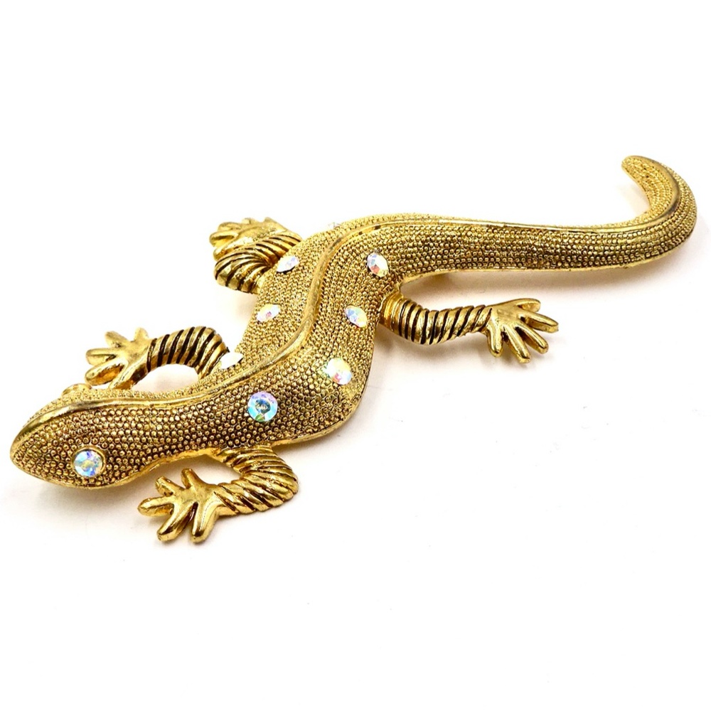 RHINESTONE LIZARD PIN BROOCH Gold Tone Salamander Gecko - Picture 2 of 8